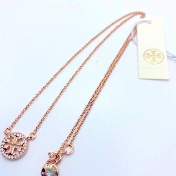 NewTory Burch Rose Gold Pave Logo Necklace - Picture 5 of 6
